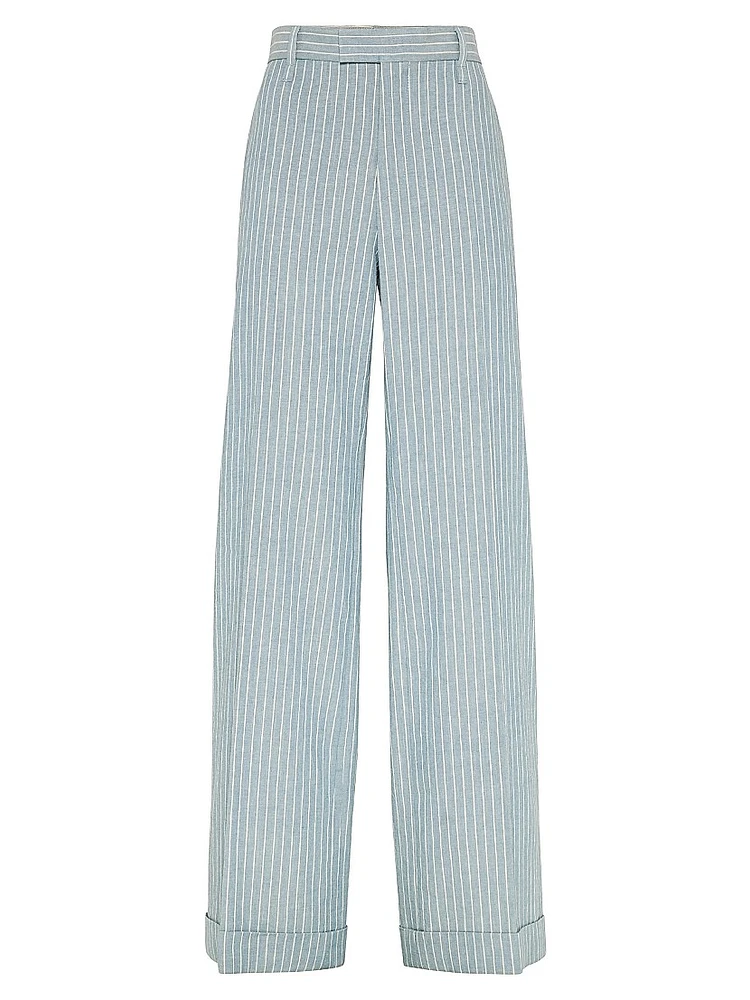 Linen and Hemp Chalk Stripe Twill Loose Flared Trousers with Monili