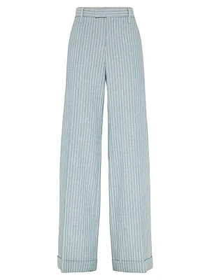 Linen and Hemp Chalk Stripe Twill Loose Flared Trousers with Monili