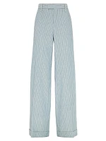 Linen and Hemp Chalk Stripe Twill Loose Flared Trousers with Monili