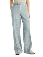 Linen and Hemp Chalk Stripe Twill Loose Flared Trousers with Monili