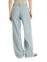Linen and Hemp Chalk Stripe Twill Loose Flared Trousers with Monili