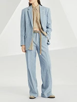 Linen and Hemp Chalk Stripe Twill Loose Flared Trousers with Monili