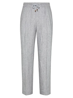 Chevron Leisure Fit Trousers with Drawstring and Double Pleats