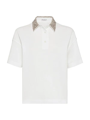Cotton Jersey Polo Shirt with Dazzling Net Embroidery Collar
