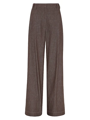 Denim Effect Twill Smart Wide Trousers