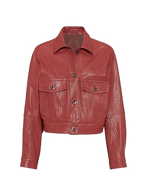 Polished Leather Outerwear Jacket with Monili