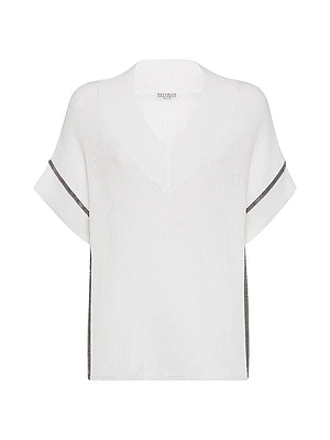 Cotton English Rib Knit T Shirt with Precious Trims