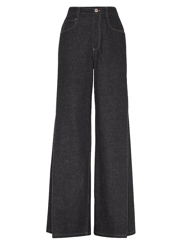 No Fade Denim Loose Flared Trousers with Monili