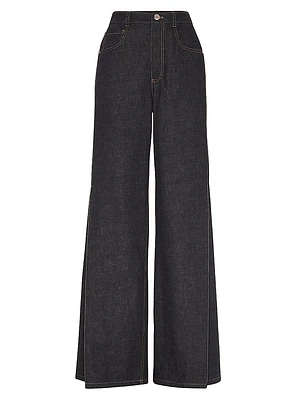 No Fade Denim Loose Flared Trousers with Monili