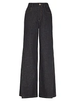 No Fade Denim Loose Flared Trousers with Monili