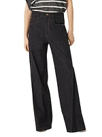 No Fade Denim Loose Flared Trousers with Monili