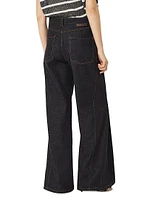No Fade Denim Loose Flared Trousers with Monili