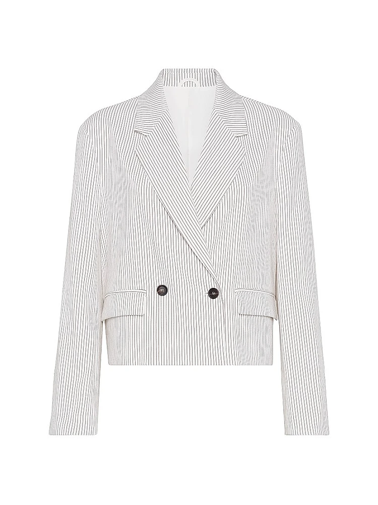 Comfort Linen and Cotton Chalk Stripe Twill Cropped Blazer with Monili