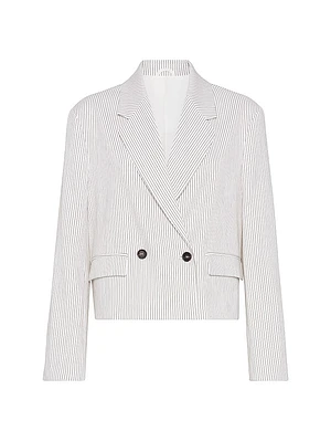 Comfort Linen and Cotton Chalk Stripe Twill Cropped Blazer with Monili