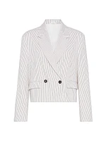 Comfort Linen and Cotton Chalk Stripe Twill Cropped Blazer with Monili
