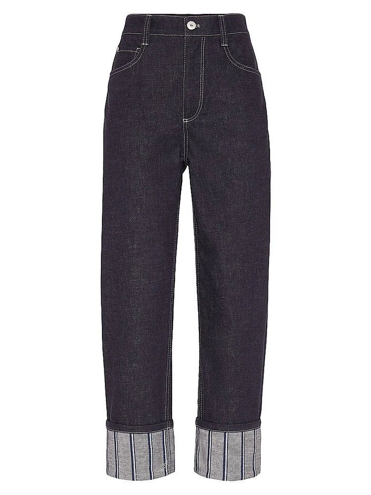 No Fade Denim Cropped Trousers with Dazzling Regimental Embroidery