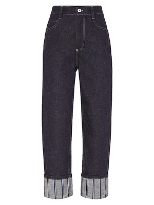 No Fade Denim Cropped Trousers with Dazzling Regimental Embroidery