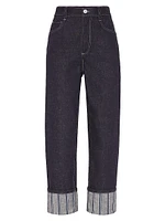 No Fade Denim Cropped Trousers with Dazzling Regimental Embroidery
