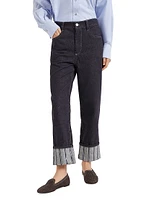 No Fade Denim Cropped Trousers with Dazzling Regimental Embroidery