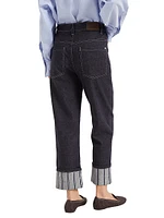 No Fade Denim Cropped Trousers with Dazzling Regimental Embroidery