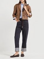 No Fade Denim Cropped Trousers with Dazzling Regimental Embroidery