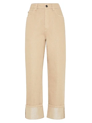 Dyed Sparkling Denim Cropped Trousers with Monili