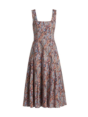 Jolie Pleated Paisley Stretch Cotton Midi-Dress