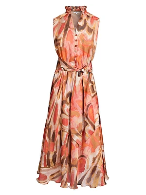 Nirva Printed Georgette Tie-Waist Midi-Dress