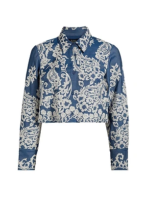 Embroidered Chambray Crop Long-Sleeve Shirt