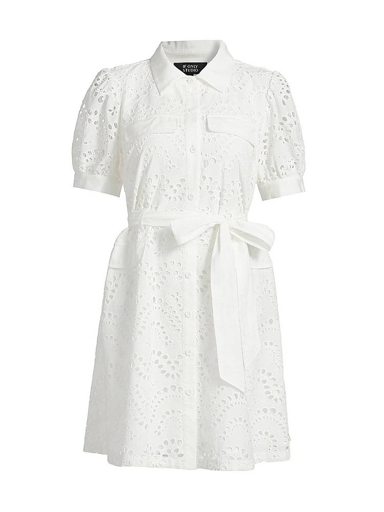 Eyelet Cotton Tie-Waist Mini-Shirtdress