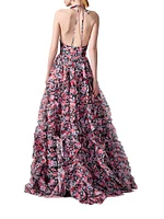 Ruffled Floral Silk Halterneck Gown