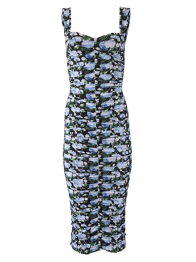 Ruched Floral Sweetheart Midi-Dress
