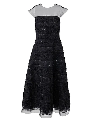 Embellished Tulle Cap-Sleeve Midi-Dress