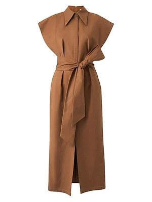 Stretch-Cotton Self-Sash Midi-Shirtdress