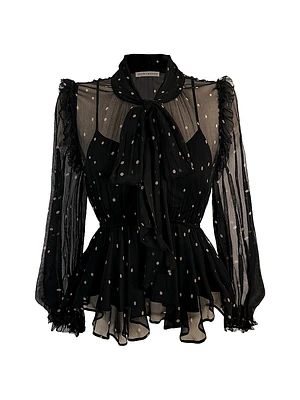 Soho Avelina Polka Dot Crinkle Silk Tieneck Blouse