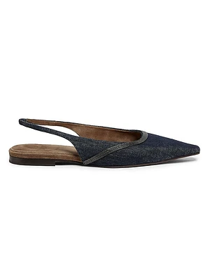No Fade Monili-Trimmed Denim Slingback Flats