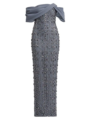Crystal-Embellished Tulle Off-The-Shoulder Gown