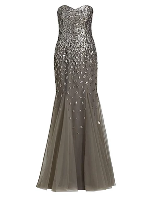 Embellished Tulle Strapless Gown