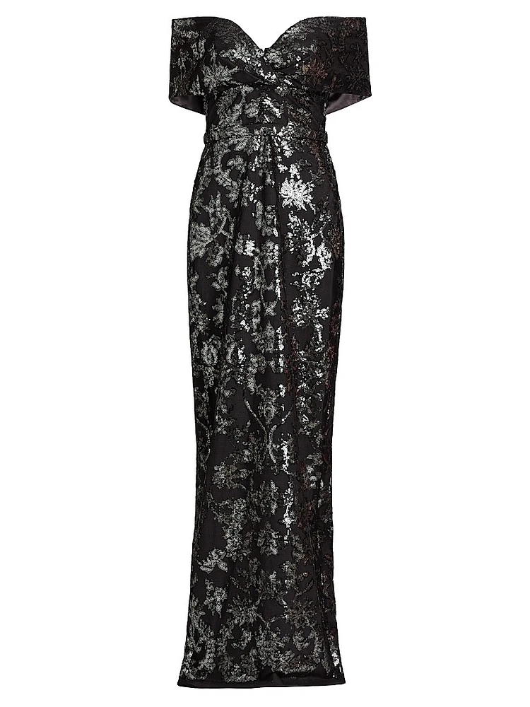 Sequin Tulle Off-The-Shoulder Gown