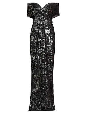 Sequin Tulle Off-The-Shoulder Gown