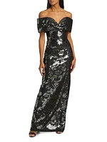 Sequin Tulle Off-The-Shoulder Gown