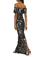 Sequin Tulle Off-The-Shoulder Gown