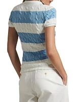 Striped Cable-Knit Short-Sleeve Polo Sweater