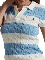 Striped Cable-Knit Short-Sleeve Polo Sweater