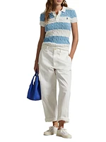 Striped Cable-Knit Short-Sleeve Polo Sweater
