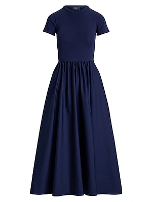 Cotton Short-Sleeve Midi-Dress