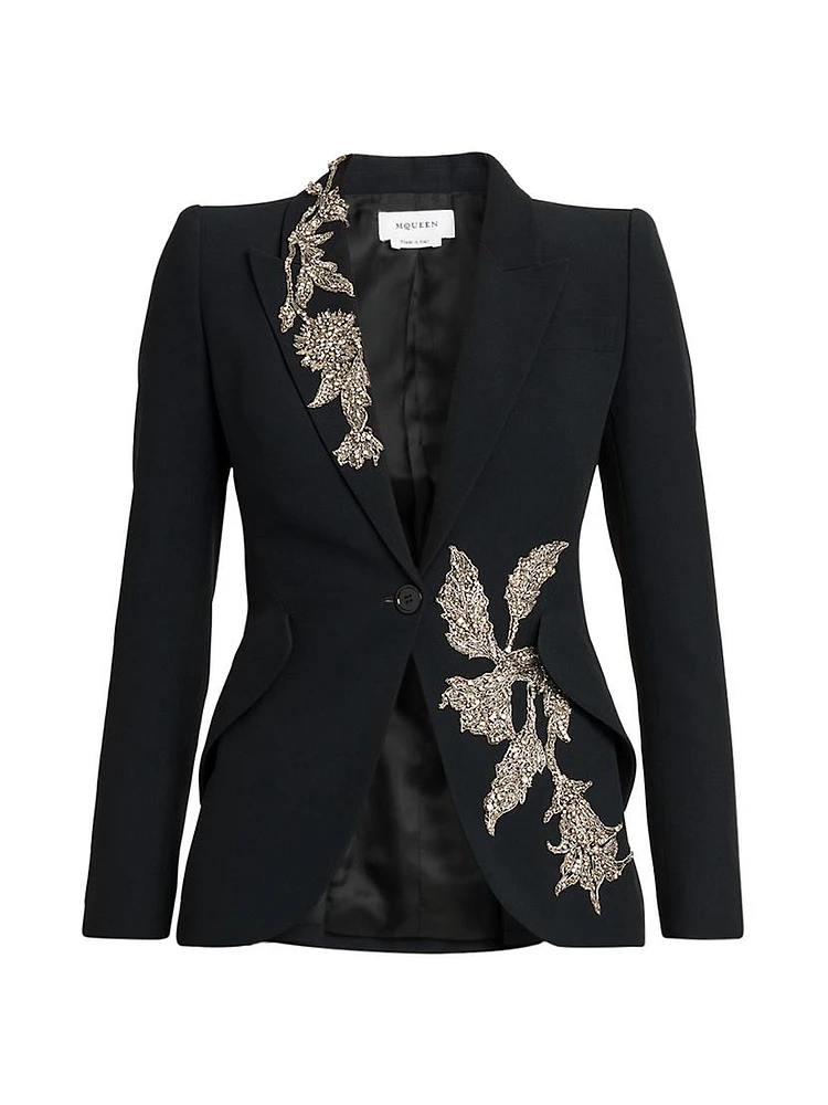 Floral Beaded Crepe Single-Breasted Jacket