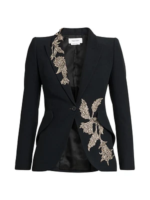 Floral Beaded Crepe Single-Breasted Jacket