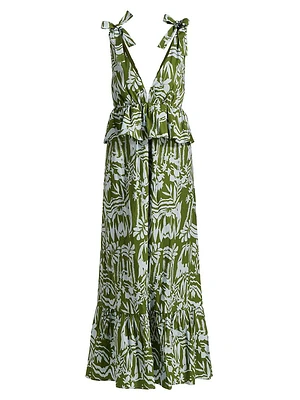 Whitley Floral Tie-Shoulder Peplum Midi-Dress