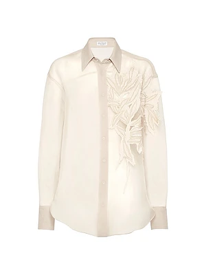 Crispy Silk Shirt with Herbarium Appliqué